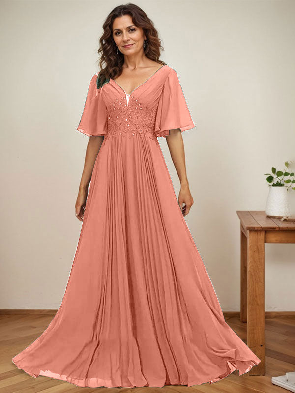 A-Linie V-Ausschnitt Bodenlang Chiffon Mutter der Braut Kleid Mit Pailletten Applikationen Spitze Plissee