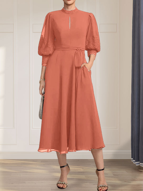 Vestido de gasa con encaje, cuello alto, largo hasta la rodilla, para madre de la novia con lazo