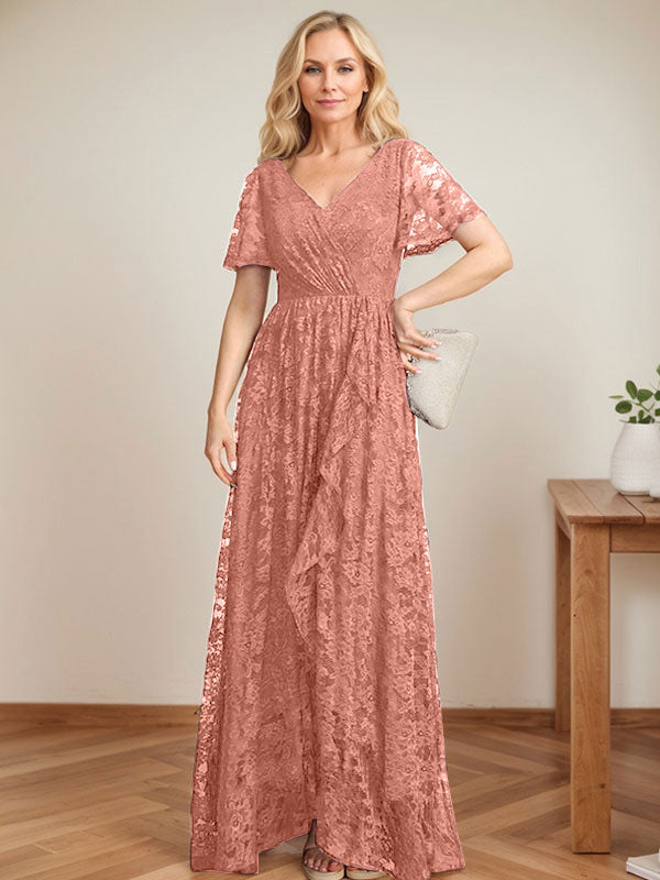 A-Linien-Kleid mit V-Ausschnitt, asymmetrischer Spitze für die Brautmutter mit kaskadierenden Rüschen
