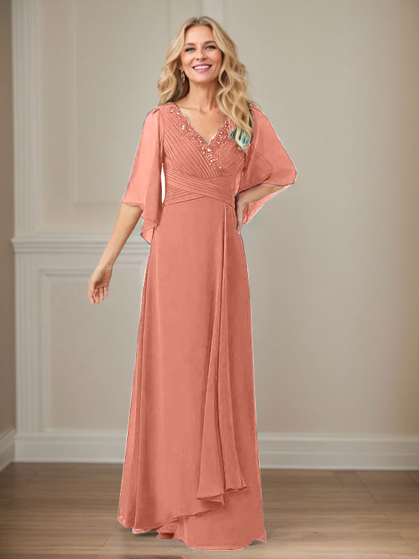 A-Linie V-Ausschnitt Lange Pailletten Chiffon Mutterkleid