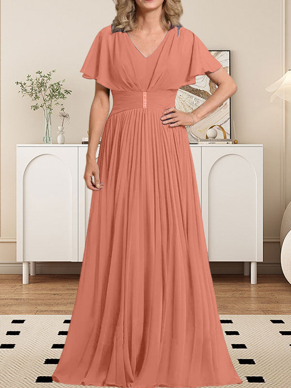 A-Linie V-Ausschnitt Bodenlang Chiffon Mutter der Braut Kleid Mit Kristall Brosche Plissee