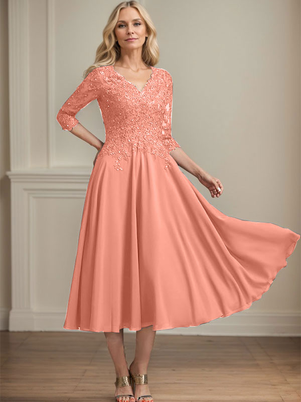 A-Linie, V-Ausschnitt, knielang, Chiffon, Spitze, Kleid für die Brautmutter mit Perlen und Pailletten