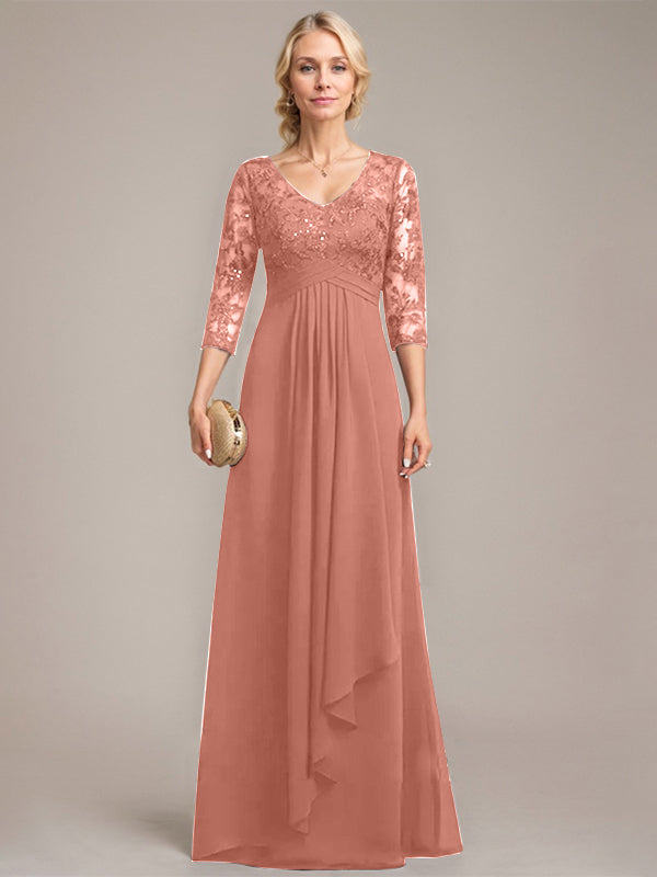 A-Linie, V-Ausschnitt, bodenlanges Chiffon-Kleid für die Brautmutter mit kaskadierenden Rüschen und Pailletten