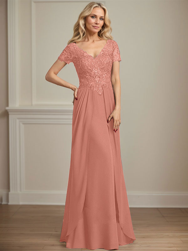 A-Linie V-Ausschnitt Bodenlanges Chiffon-Spitzenkleid für die Brautmutter