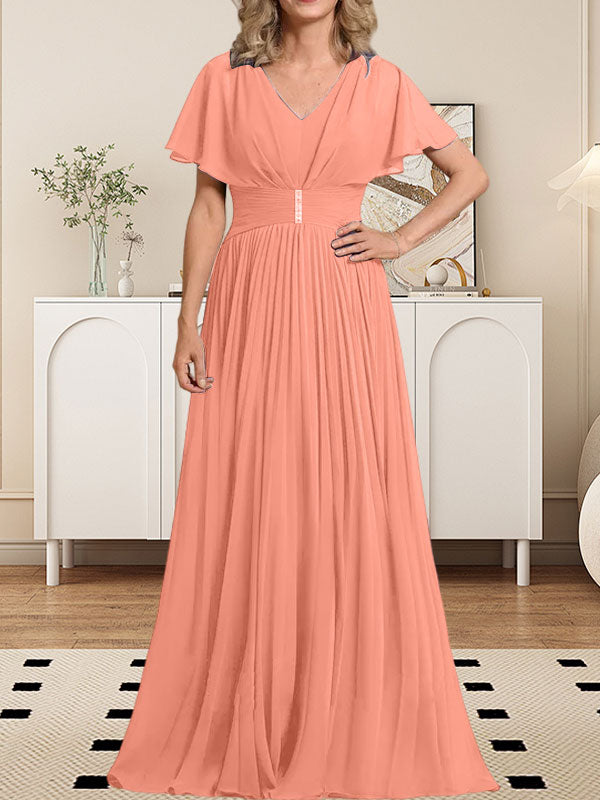 A-Linie V-Ausschnitt Bodenlang Chiffon Mutter der Braut Kleid Mit Kristall Brosche Plissee
