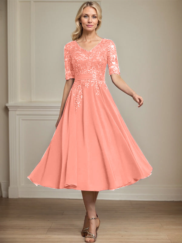 A-Linie V-Ausschnitt Wadenlanges Spitzen-Chiffon-Kleid für die Brautmutter mit Pailletten