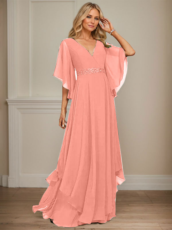 A-Linie V-Ausschnitt Bodenlang Chiffon Kleid für die Brautmutter mit Pailletten Applikationen Spitze Perlen