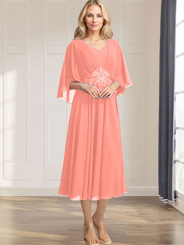 A-Linie V-Ausschnitt Wadenlanges Chiffonkleid für die Brautmutter mit plissierten Paillettenapplikationen Spitzenbesatz