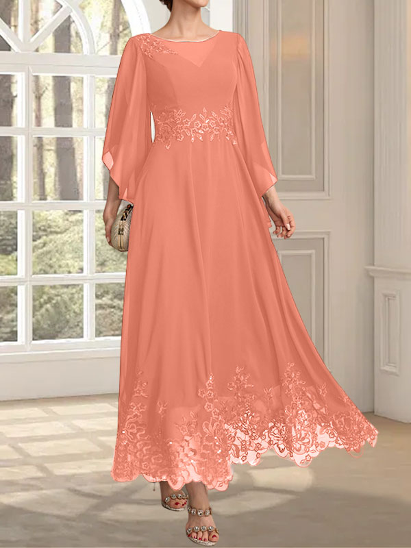 Vestido de gasa con encaje y lentejuelas para madre de la novia, corte A, escote ilusión, largo hasta los tobillos