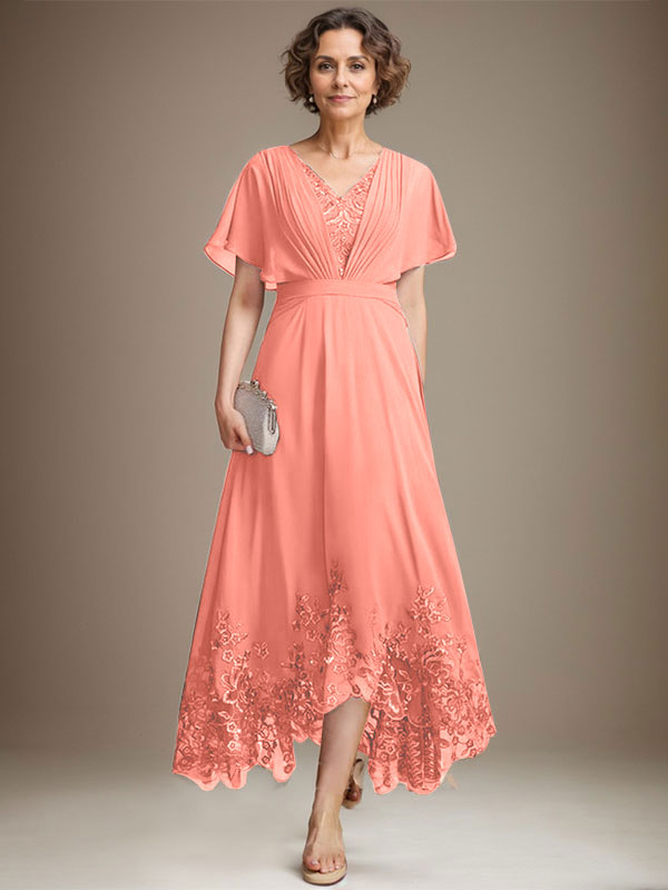 A-Linie V-Ausschnitt Asymmetrisches Spitzen-Chiffon-Kleid für die Brautmutter mit Plissee