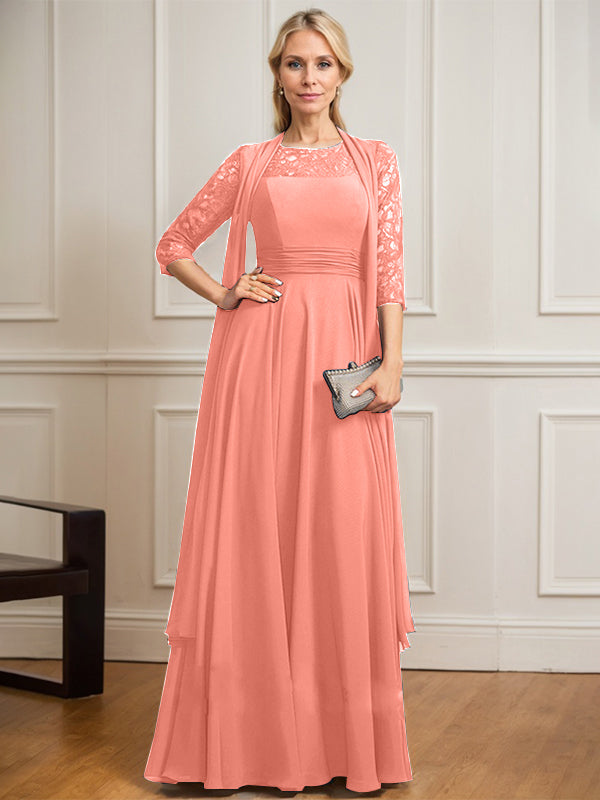Vestido de gasa de encaje con ilusión de corte A hasta el suelo para madre de la novia con pliegues