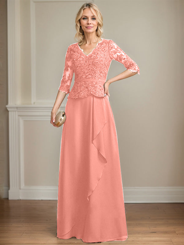 A-Linie, V-Ausschnitt, bodenlanges Chiffon-Kleid für die Brautmutter mit kaskadierenden Rüschen und Pailletten