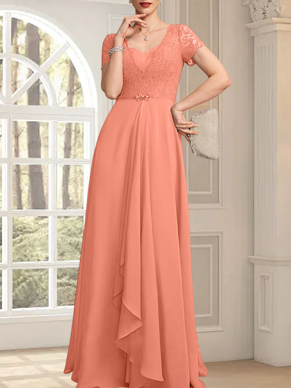 A-Linie, Herzausschnitt, bodenlang, Chiffon, Spitze, Kleid für die Brautmutter mit Perlenbesatz, kaskadierenden Rüschen
