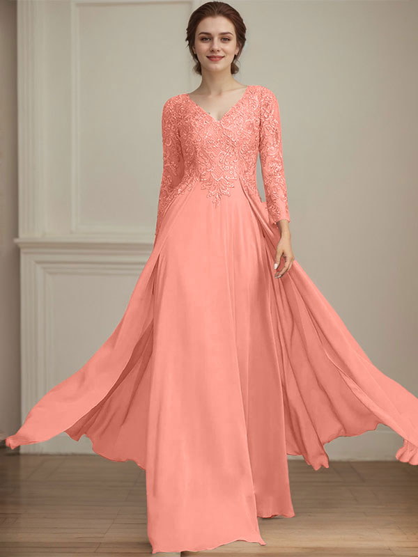 A-Linie V-Ausschnitt Bodenlanges Spitzen-Chiffon-Kleid für die Brautmutter mit Pailletten