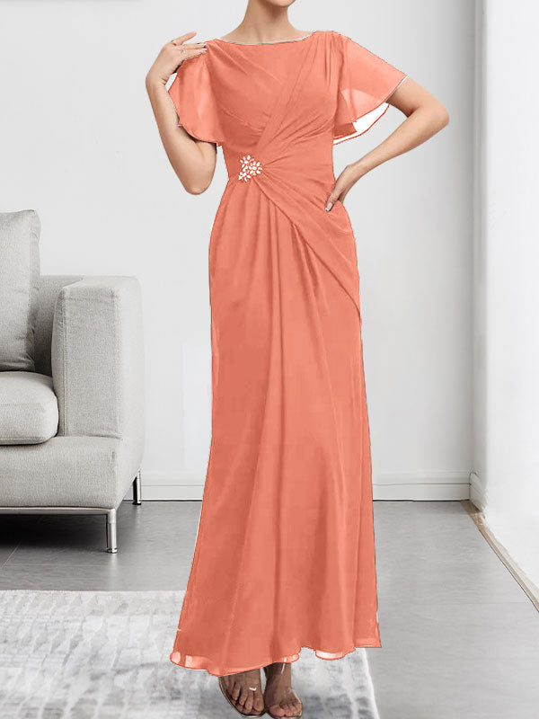 Vestido de gasa para madre de la novia con corte en A, escote redondo y largo hasta los tobillos, plisado con cuentas