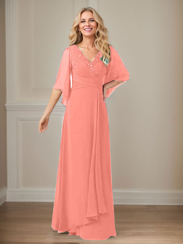 A-Linie V-Ausschnitt Lange Pailletten Chiffon Mutterkleid