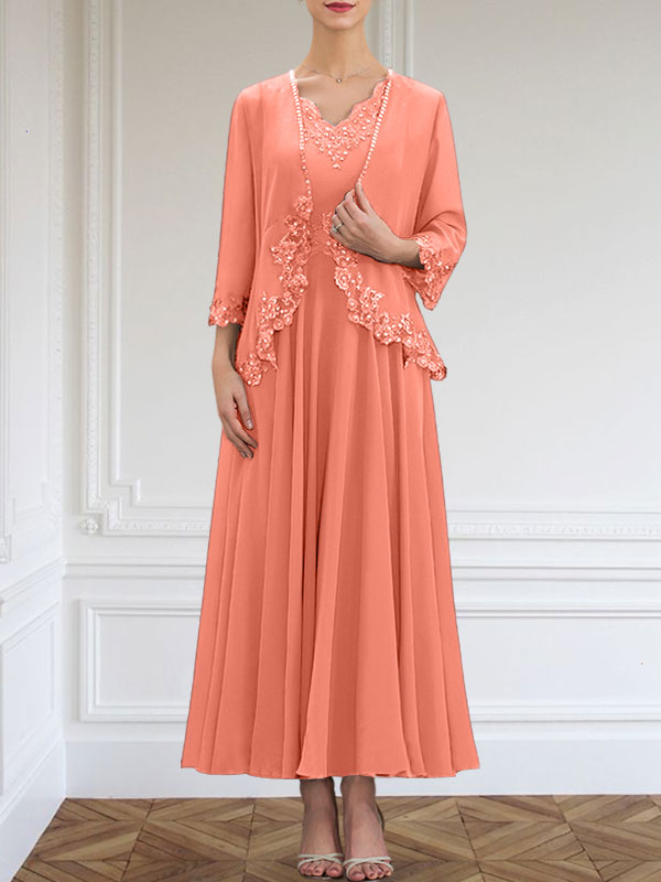 A-Linie V-Ausschnitt Knöchellang Chiffon Kleid für die Brautmutter mit Pailletten Applikationen Spitze Perlen