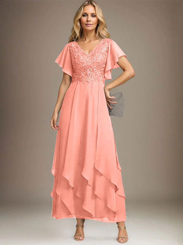 A-Linien-Kleid mit V-Ausschnitt, knöchellang, Spitzenchiffon und kaskadierenden Rüschen