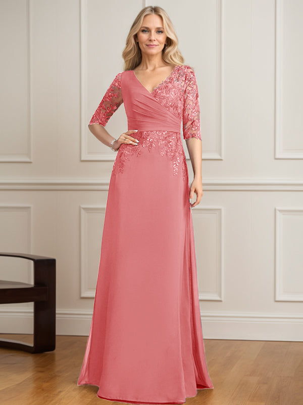 A-Linie, V-Ausschnitt, bodenlanges Spitzen-Chiffon-Kleid für die Brautmutter mit plissierten Pailletten