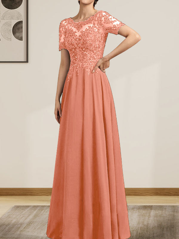 Vestido de gasa con encaje y lentejuelas para madre de la novia, largo hasta el suelo, con escote en A y ilusión