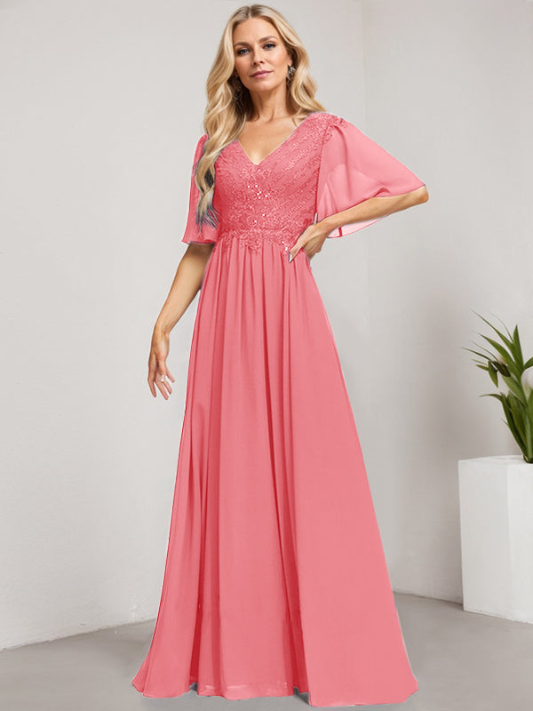 A-Linie V-Ausschnitt Bodenlanges Spitzen-Chiffon-Kleid für die Brautmutter mit Pailletten