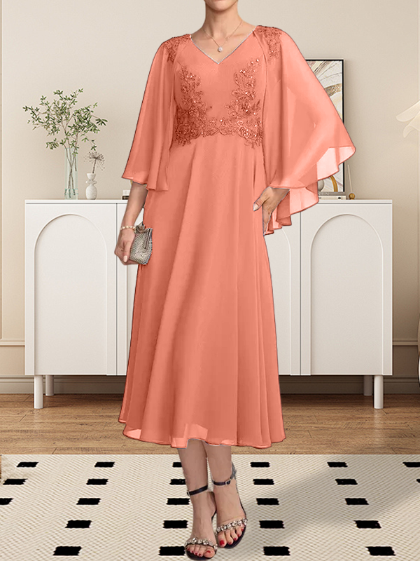A-Linie, V-Ausschnitt, knielang, Chiffon, Spitze, Kleid für die Brautmutter mit Perlen und Pailletten