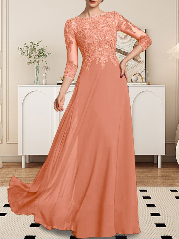 Vestido de gasa con encaje y lentejuelas para madre de la novia, corte A, largo hasta el suelo
