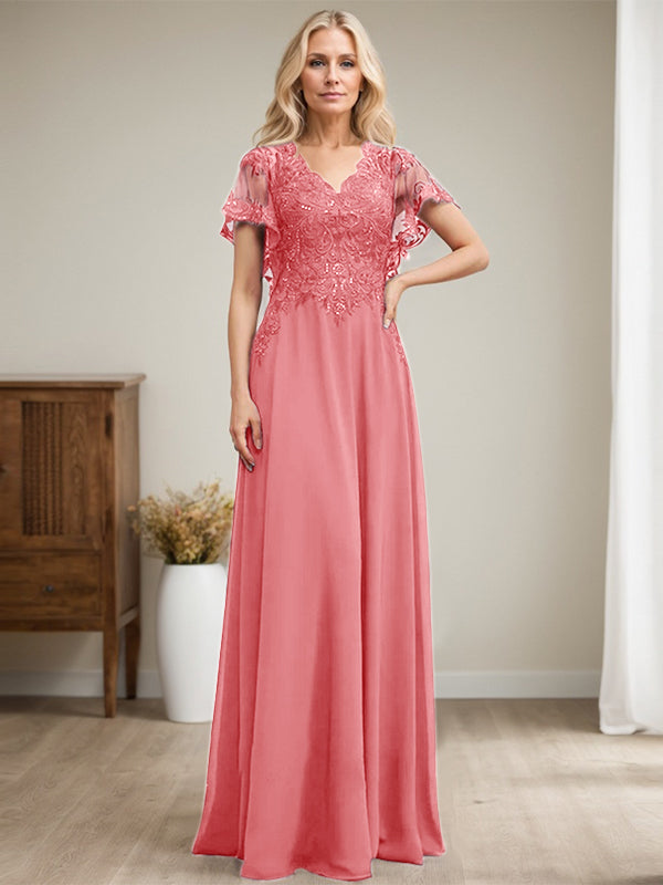 A-Linie V-Ausschnitt Bodenlanges Spitzen-Chiffon-Kleid für die Brautmutter mit Pailletten