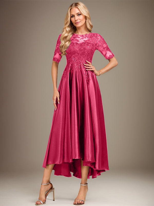 Vestido de madre de la novia de encaje satinado elástico asimétrico con ilusión de escote redondo y lentejuelas