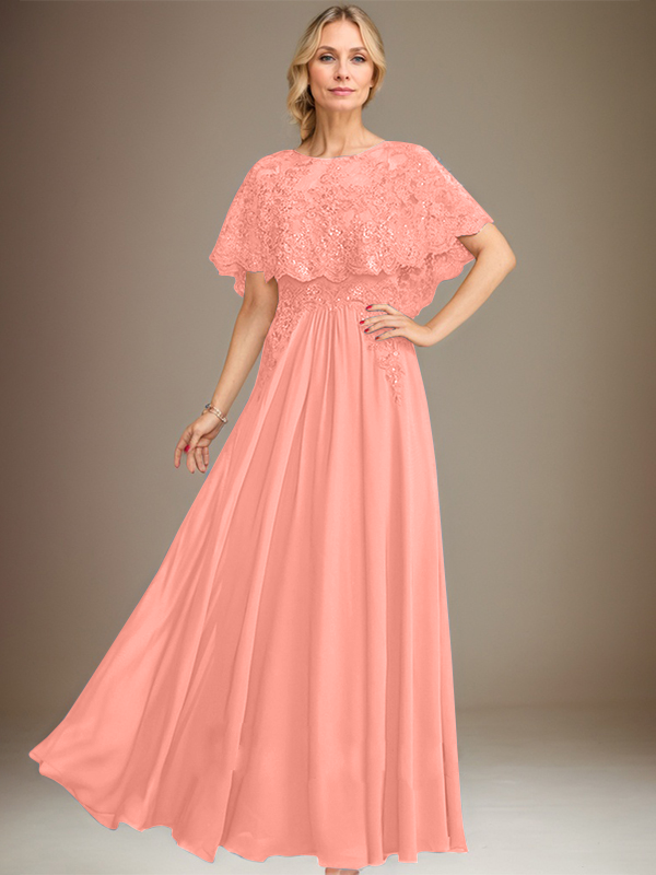Vestido de madre de la novia de gasa con encaje, escote barco, largo hasta el suelo, con apliques de lentejuelas