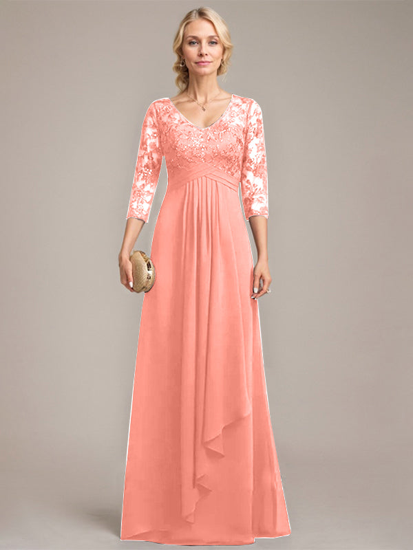 A-Linie, V-Ausschnitt, bodenlanges Chiffon-Kleid für die Brautmutter mit kaskadierenden Rüschen und Pailletten