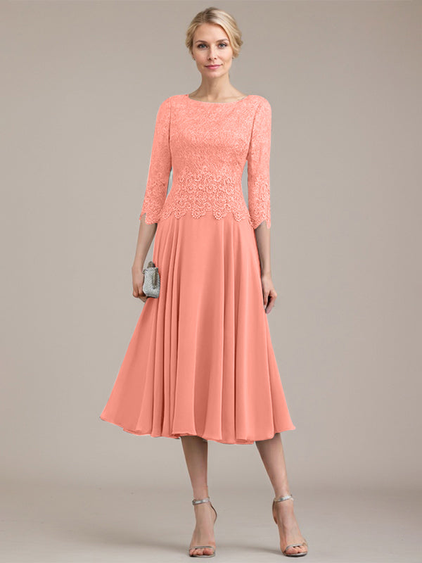 A-line Scoop Tea-Length Lace Chiffon Mother of the Bride Dress