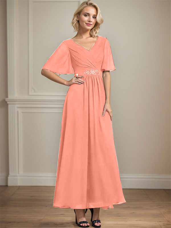 A-Linien-Kleid aus Chiffon mit V-Ausschnitt und Knöchellänge für die Brautmutter mit plissierten Perlen und Pailletten