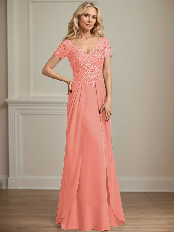 A-Linie V-Ausschnitt Bodenlanges Chiffon-Spitzenkleid für die Brautmutter
