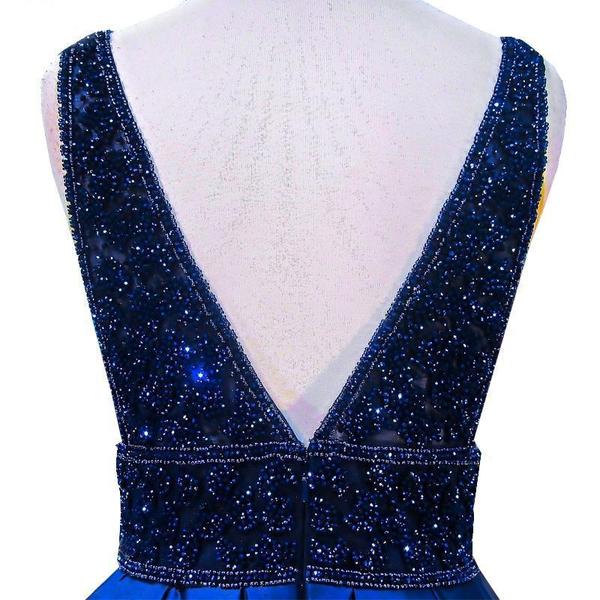 Süßes dunkelblaues Satin-Heimkehrkleid mit V-Ausschnitt, schickes kurzes Ballkleid