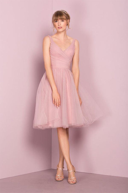 Süßes knielanges rosa Homecoming-Kleid mit V-Ausschnitt, kurzes Ballkleid PG151