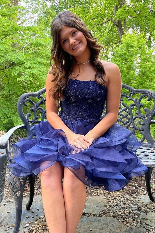 Xandra | Vestido corto de fiesta de organza con apliques de encaje y corte A