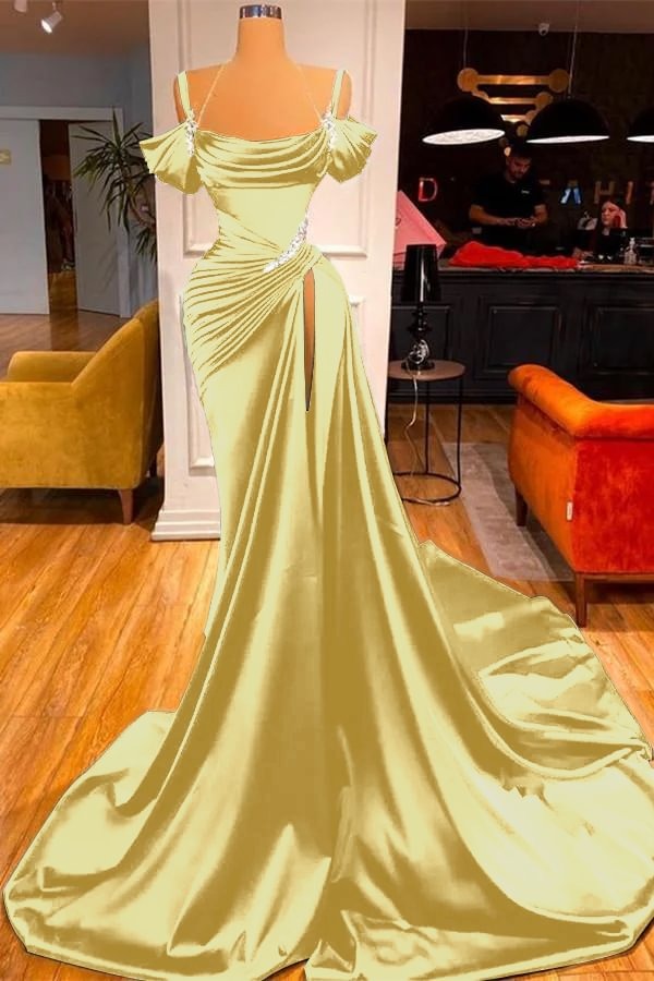 Dunkelgrünes, langes, schulterfreies Meerjungfrauen-Ballkleid mit Schlitz