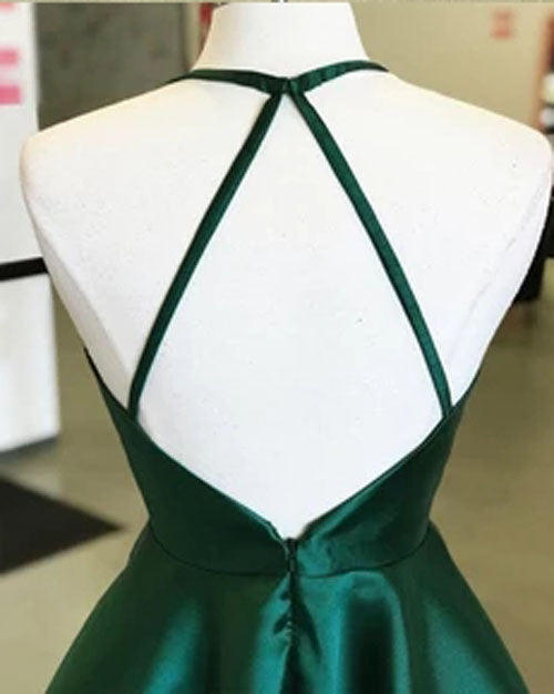 Dunkelgrünes Satin-Heimkehrkleid mit Rundhalsausschnitt, kurzes Ballkleid