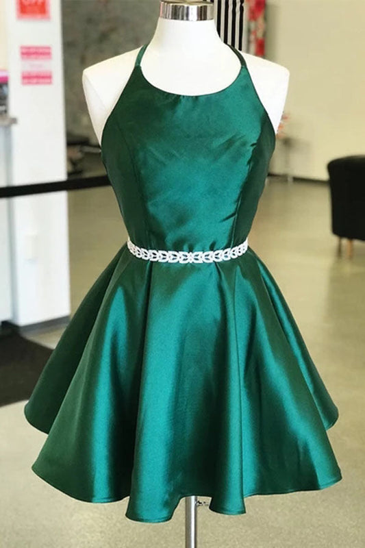 Dunkelgrünes Satin-Heimkehrkleid mit Rundhalsausschnitt, kurzes Ballkleid