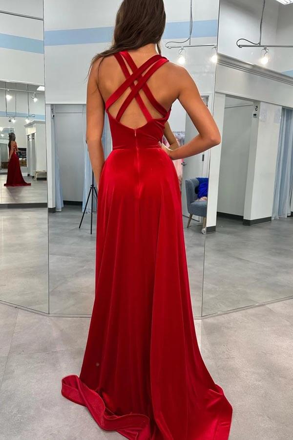 Vestido de fiesta de terciopelo rojo oscuro con escote en V y tirantes finos