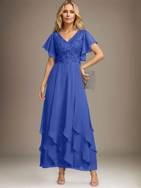 A-Linien-Kleid mit V-Ausschnitt, knöchellang, Spitzenchiffon und kaskadierenden Rüschen