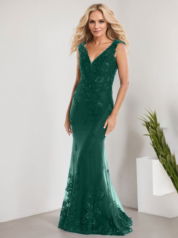 A-Linie V-Ausschnitt Bodenlang Spitze Chiffon Mutter der Braut Kleid Mit Applikation Pailletten Meerjungfrau Kleider