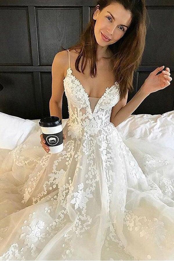 Deep V Neck Spaghetti Straps Beach Wedding Dress Bridal Gown