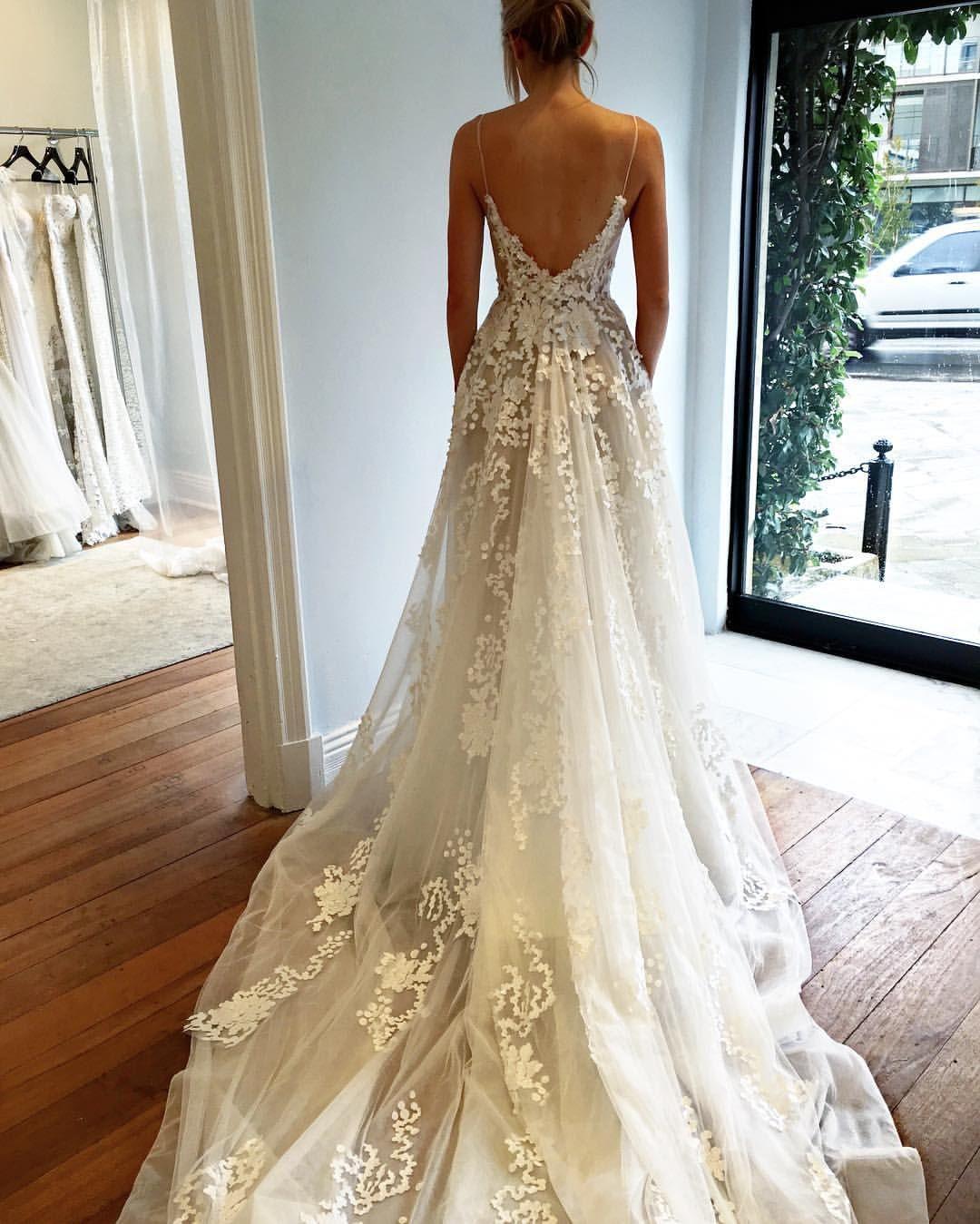 Deep V Neck Spaghetti Straps Beach Wedding Dress Bridal Gown