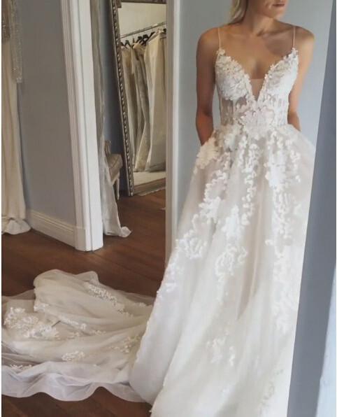 Deep V Neck Spaghetti Straps Beach Wedding Dress Bridal Gown