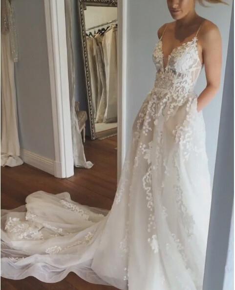 Deep V Neck Spaghetti Straps Beach Wedding Dress Bridal Gown