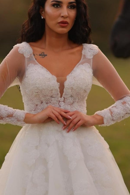Langes Designer-Brautkleid aus weißer Spitze in A-Linie mit V-Ausschnitt und langen Ärmeln