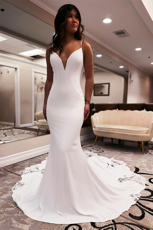 Designer Meerjungfrau Spaghettiträger Ärmellos Applikationen Satin Spitze Openback Schleppe Brautkleider