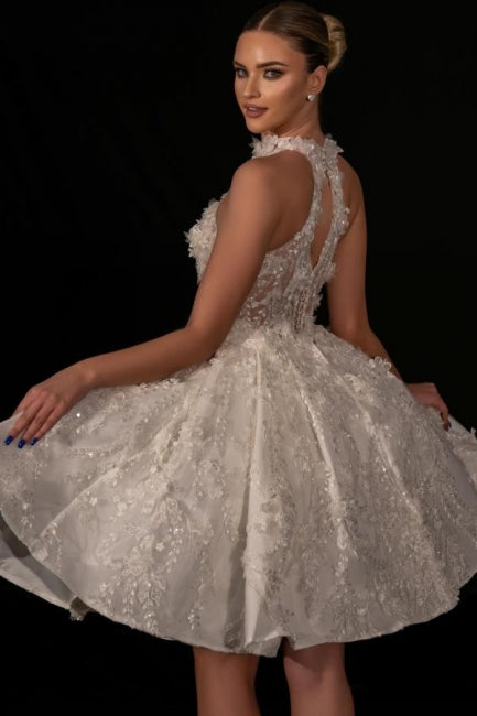Designer Kurzes A-Linien-Brautkleid mit Spitze, Perlen und Pailletten, ärmellos